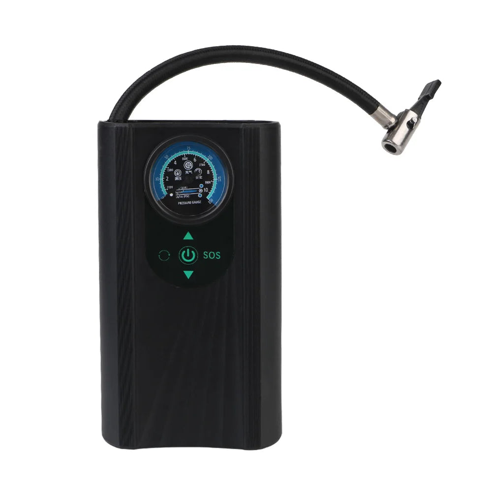 Handheld 12V electric air compressor and black portable tire pump for cars and motorcycles.