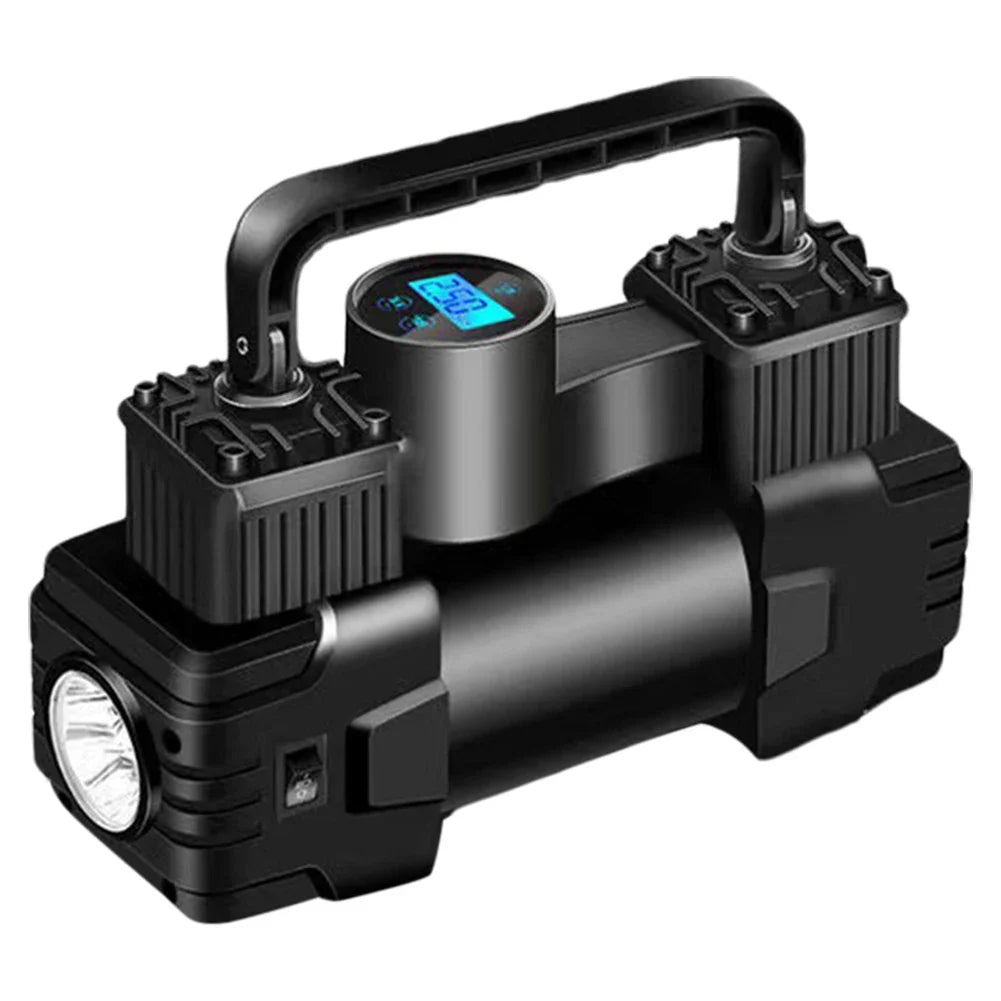 Black 12V heavy duty dual cylinder air compressor tire inflator with digital gauge and hose
