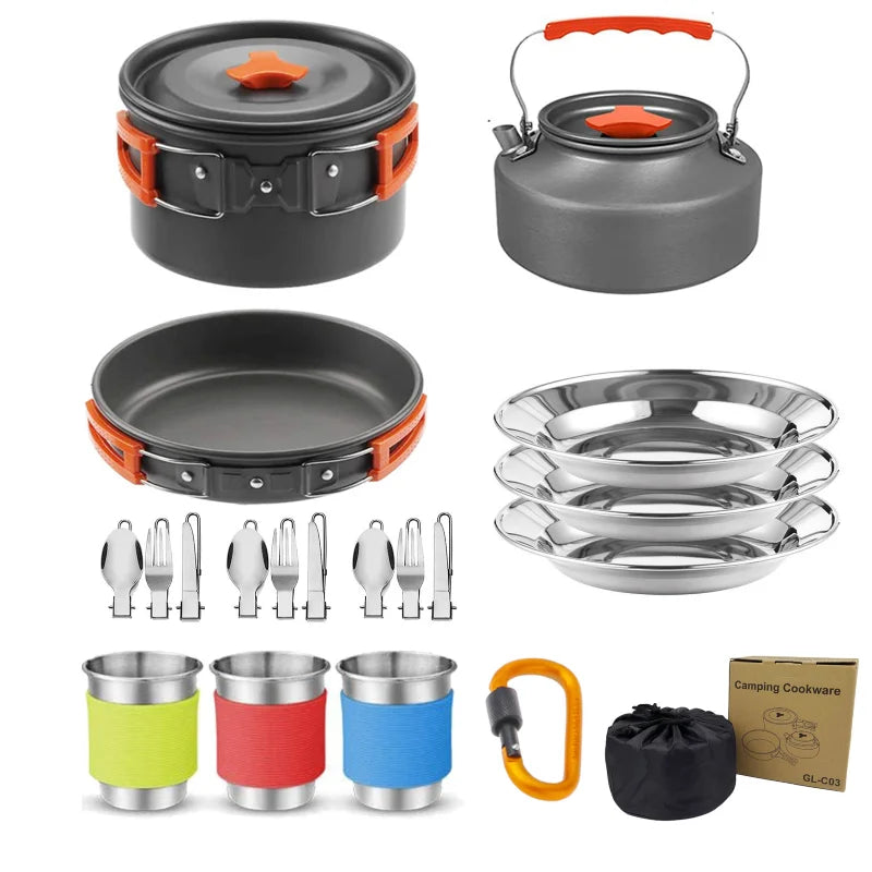 Grey aluminum camping cookware set featuring a pot, kettle, and foldable heat-resistant handles.