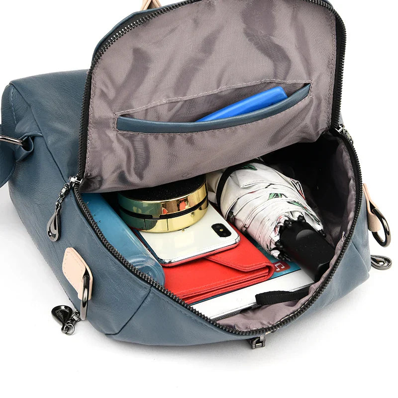 Womens blue soft PU leather fashion backpack rucksack with zipper closure and adjustable shoulder straps — view 5