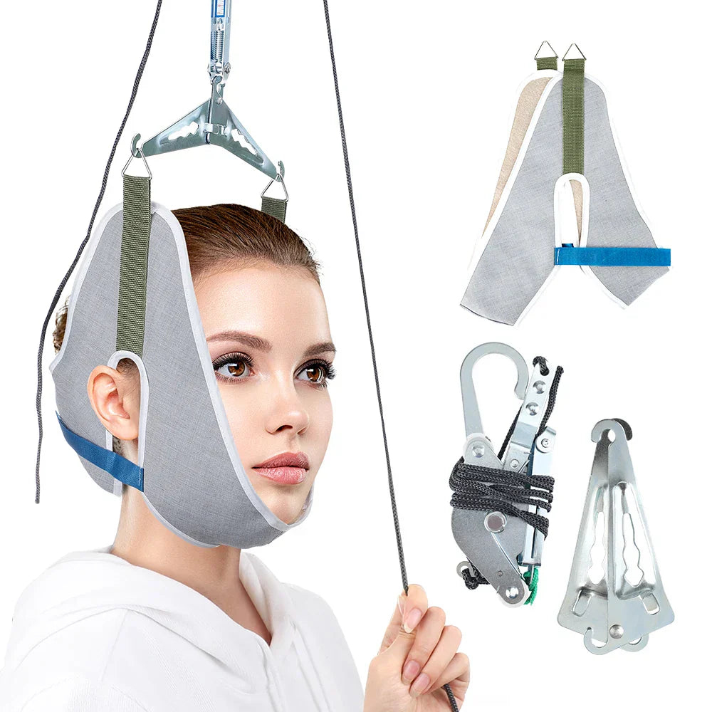 Army green over-door neck traction kit with adjustable canvas head brace and steel hardware. — view 2