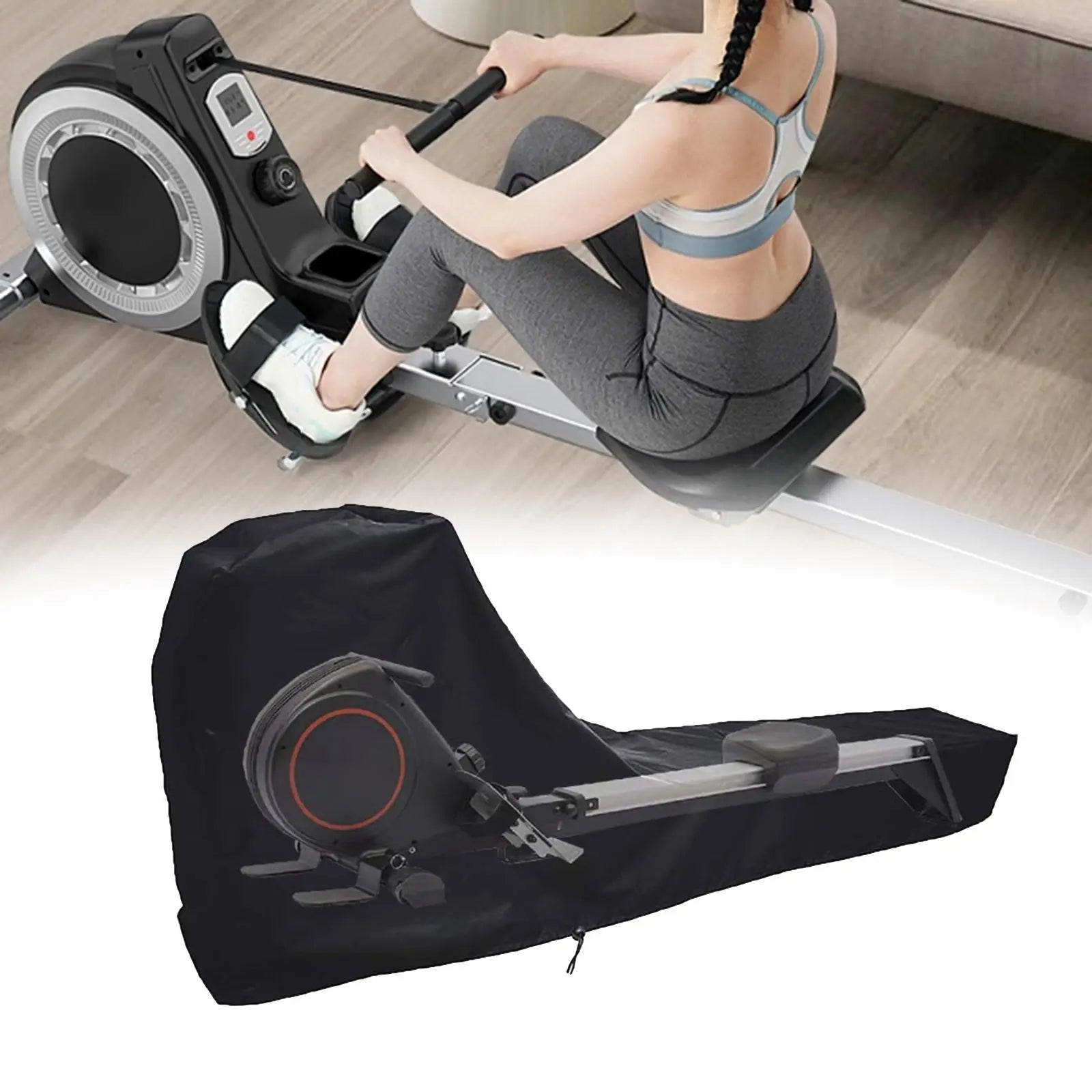 Black universal rowing machine cover with drawstring closure securely fitted over an indoor fitness rower — view 2