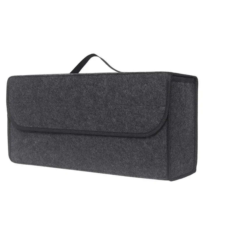 Car trunk organizer in large grey soft felt with anti-slip base and spacious storage compartments