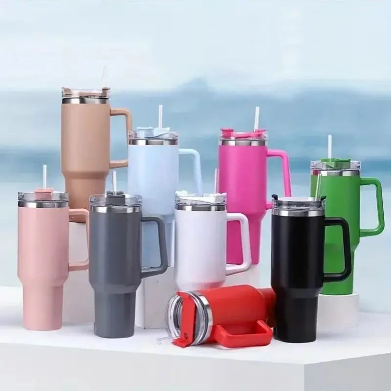 40oz insulated travel tumbler with handle and reusable straw, large stainless steel coffee cup
