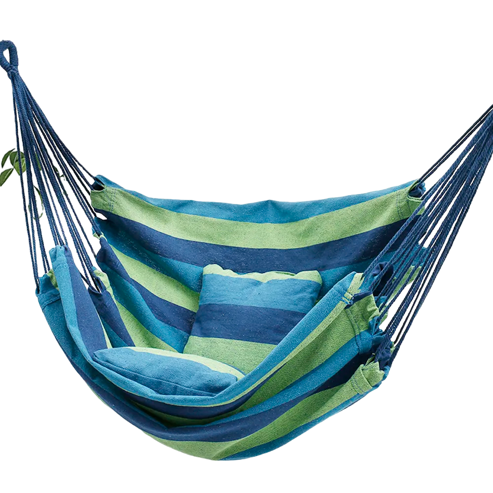 Hanging rope hammock chair swing for outdoor camping and garden patio with comfortable matching pillow