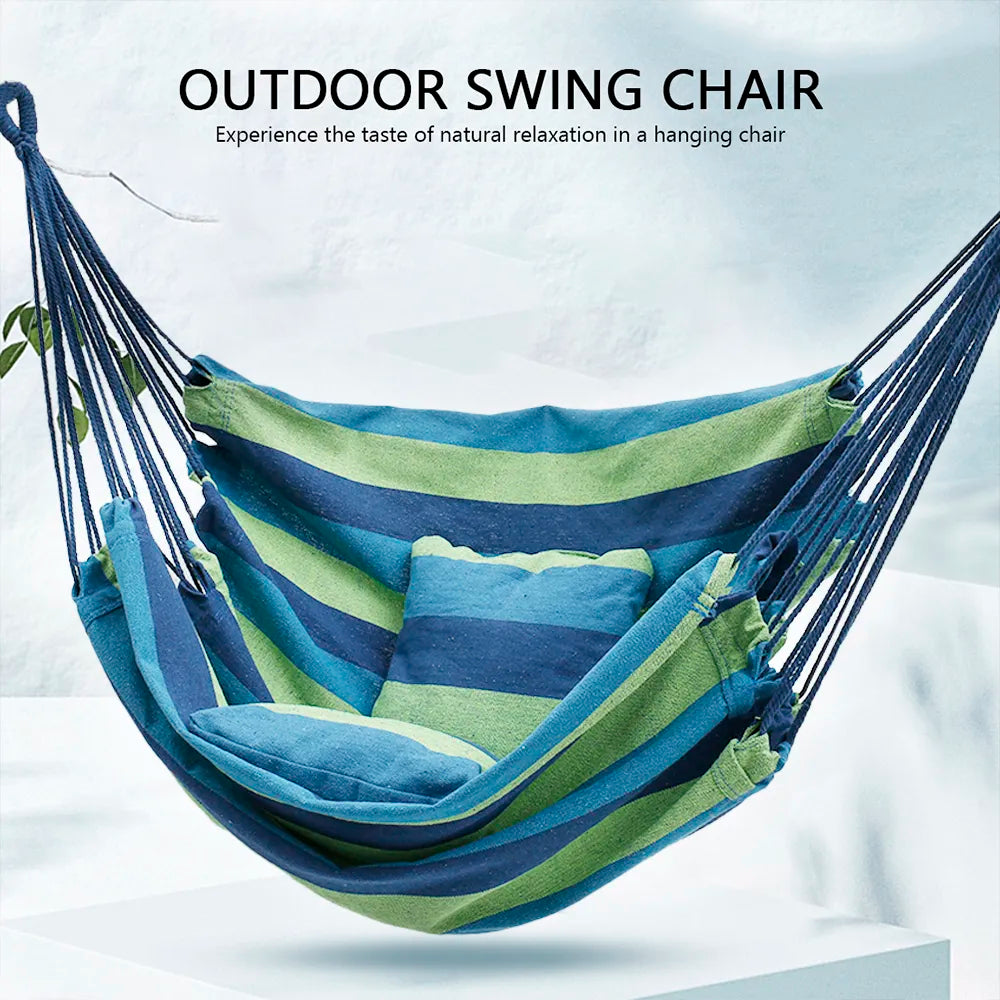 Hanging rope hammock chair swing for outdoor camping and garden patio with comfortable matching pillow — view 2