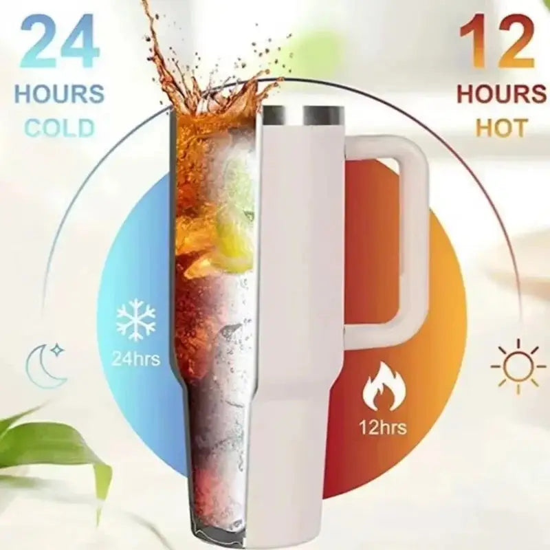 40oz insulated travel tumbler with handle and reusable straw, large stainless steel coffee cup — view 5