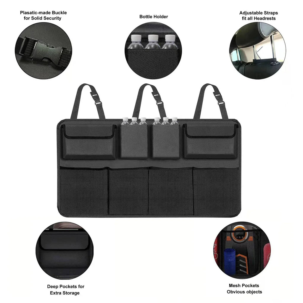Black hanging car trunk organizer with 8 large storage pockets attached to vehicle backseat headrests — view 5