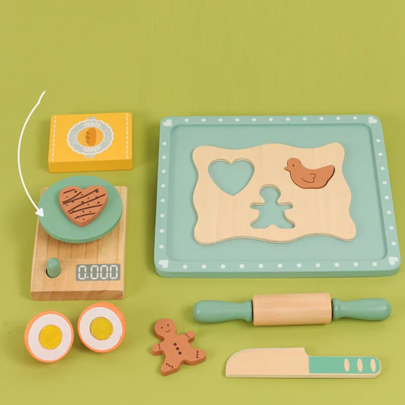 Wooden pretend play pastry set with scale baking tray and cut out biscuit dough for kids — view 3