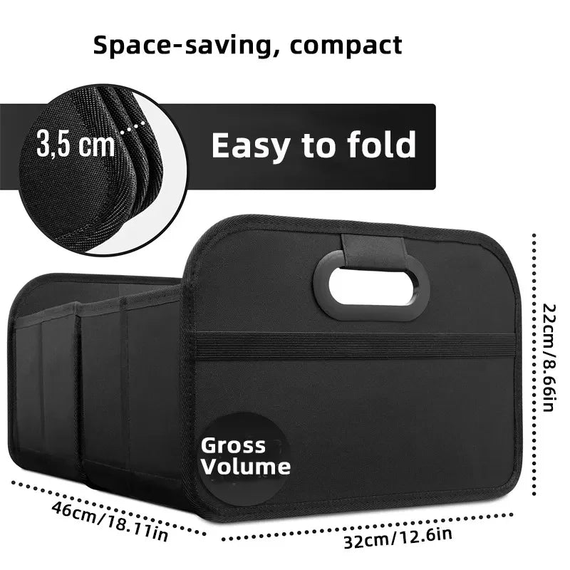 Black large collapsible trunk storage box organizer with multiple side pockets and interior compartments — view 3