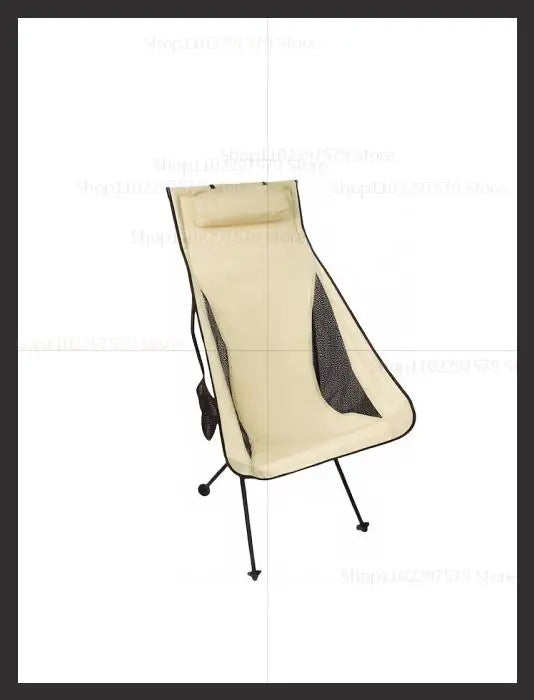 Beige portable folding camping chair with aluminum frame and ergonomic headrest on white background — view 5