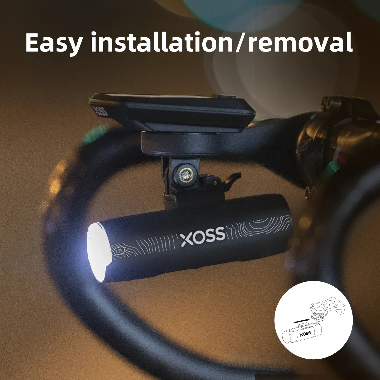 Black XL1200 rechargeable bike headlight with aluminum alloy body and handlebar mounting bracket — view 4