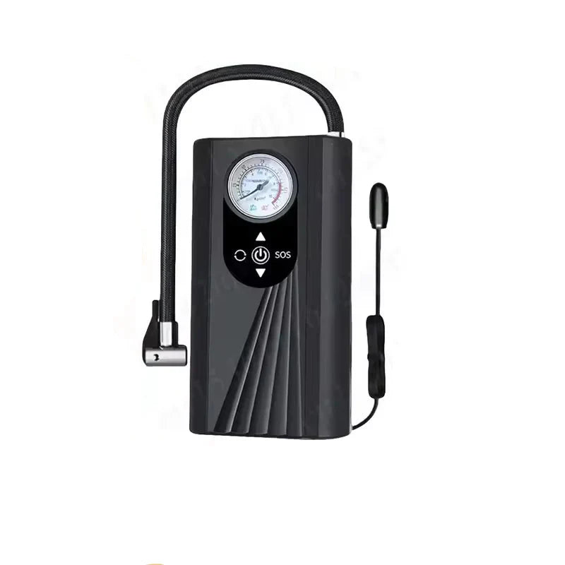 Portable digital air compressor tire inflator in black plastic with digital screen display