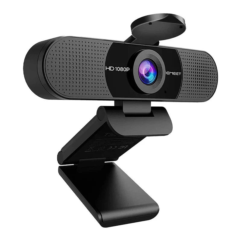 Black 1080P HD USB webcam with dual microphones, privacy cover, and adjustable clip mount