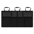 Black hanging car trunk organizer with 8 large storage pockets attached to vehicle backseat headrests