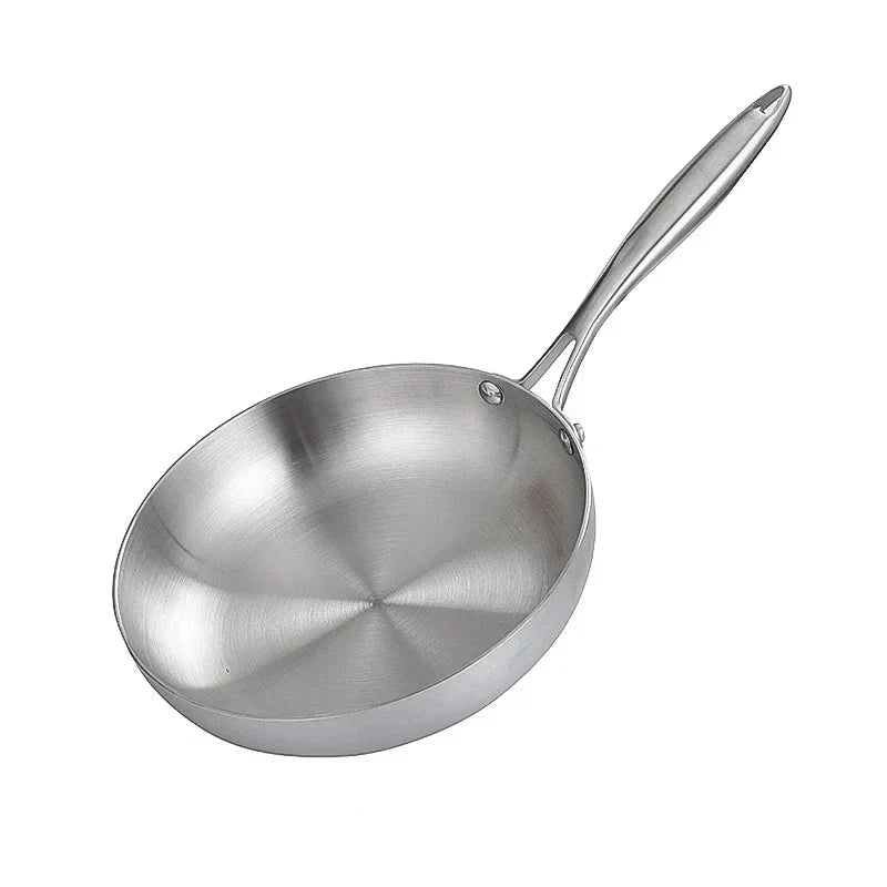 Silver 28cm stainless steel uncoated frying pan with traditional round bottom and wide cooking surface