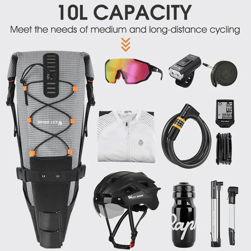 Gray waterproof 10L bike saddle bag with reflective details and roll top closure for cycling — view 4