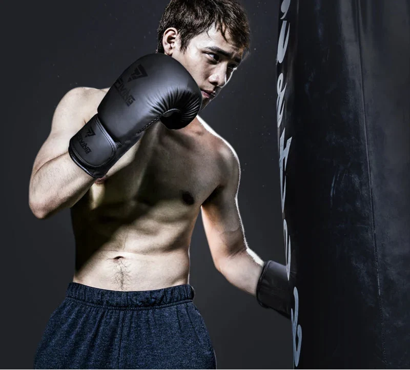 Black 8oz PU leather unisex boxing gloves with adjustable wrist straps for combat training and fitness — view 2