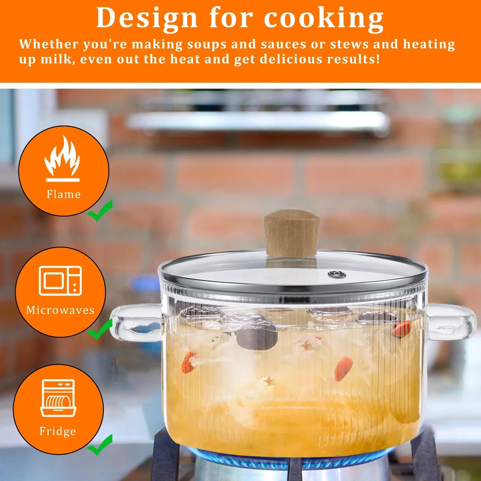 Clear 1.6L borosilicate glass saucepan with matching lid and dual side handles on a stovetop. — view 3