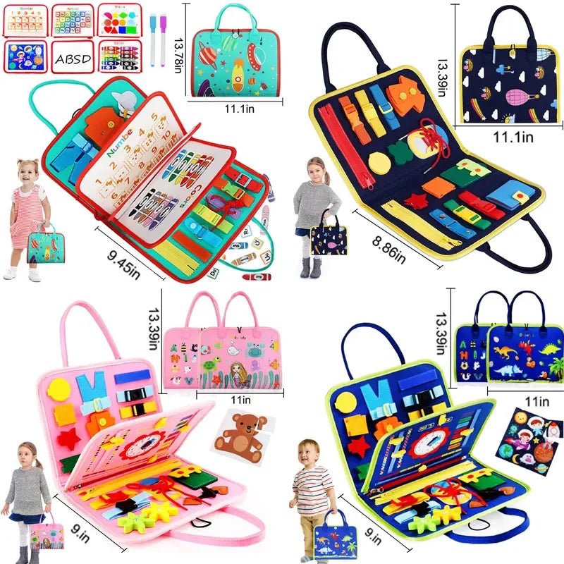 Montessori toddler busy board sensory toy with colorful educational buckles buttons and zippers for travel — view 3