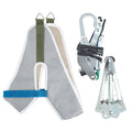 Army green over-door neck traction kit with adjustable canvas head brace and steel hardware.