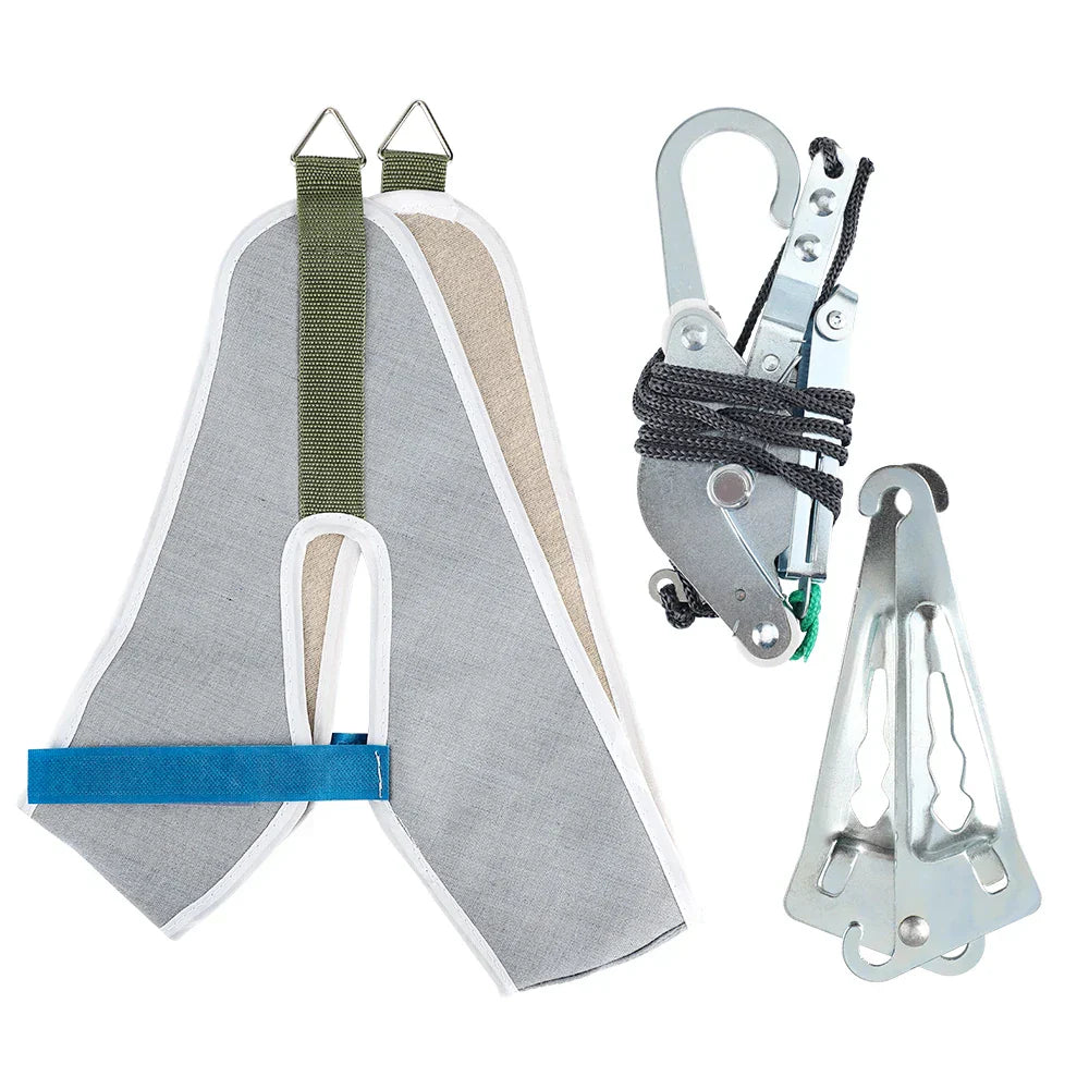 Army green over-door neck traction kit with adjustable canvas head brace and steel hardware.