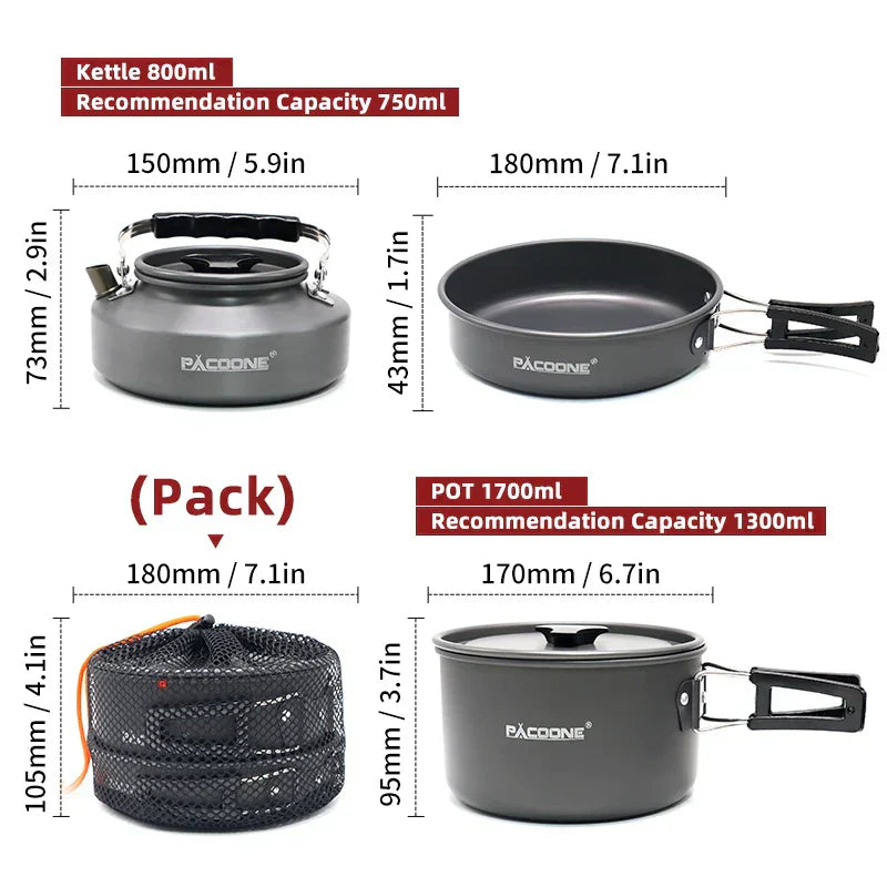 Portable metal camping cookware set with nesting pots, pans, water kettle, and tableware. — view 3