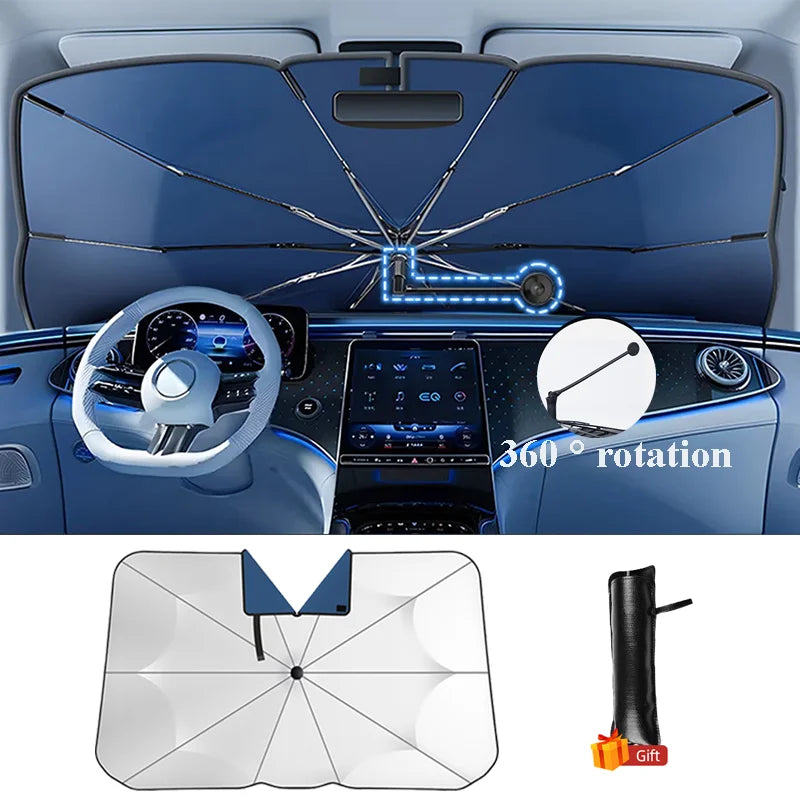Car windshield sunshade umbrella in white deployed inside a vehicle blocking sunlight — view 2
