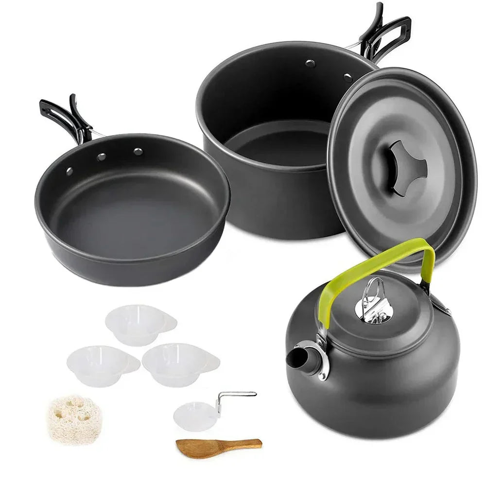 Black anodized aluminum 11-piece camping cookware set with nesting pots frying pan and portable teapot