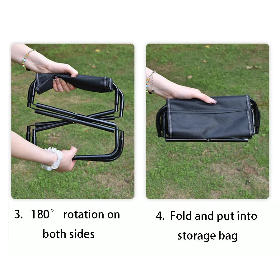 Portable folding camping stool made with durable fabric and aluminum frame, featuring a storage pocket — view 3