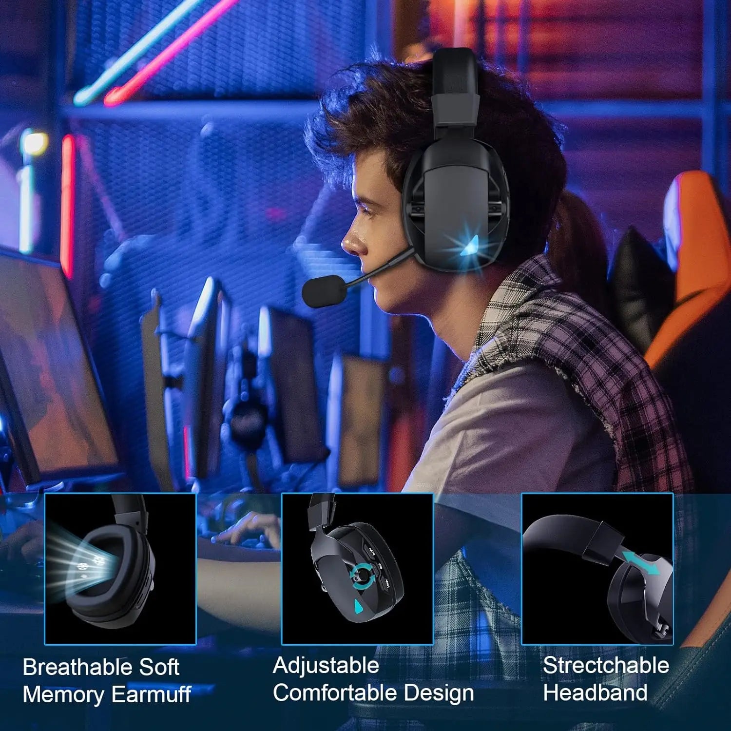 Black NNEOBA wireless gaming headset with cushioned over-ear cups and built-in adjustable microphone — view 4
