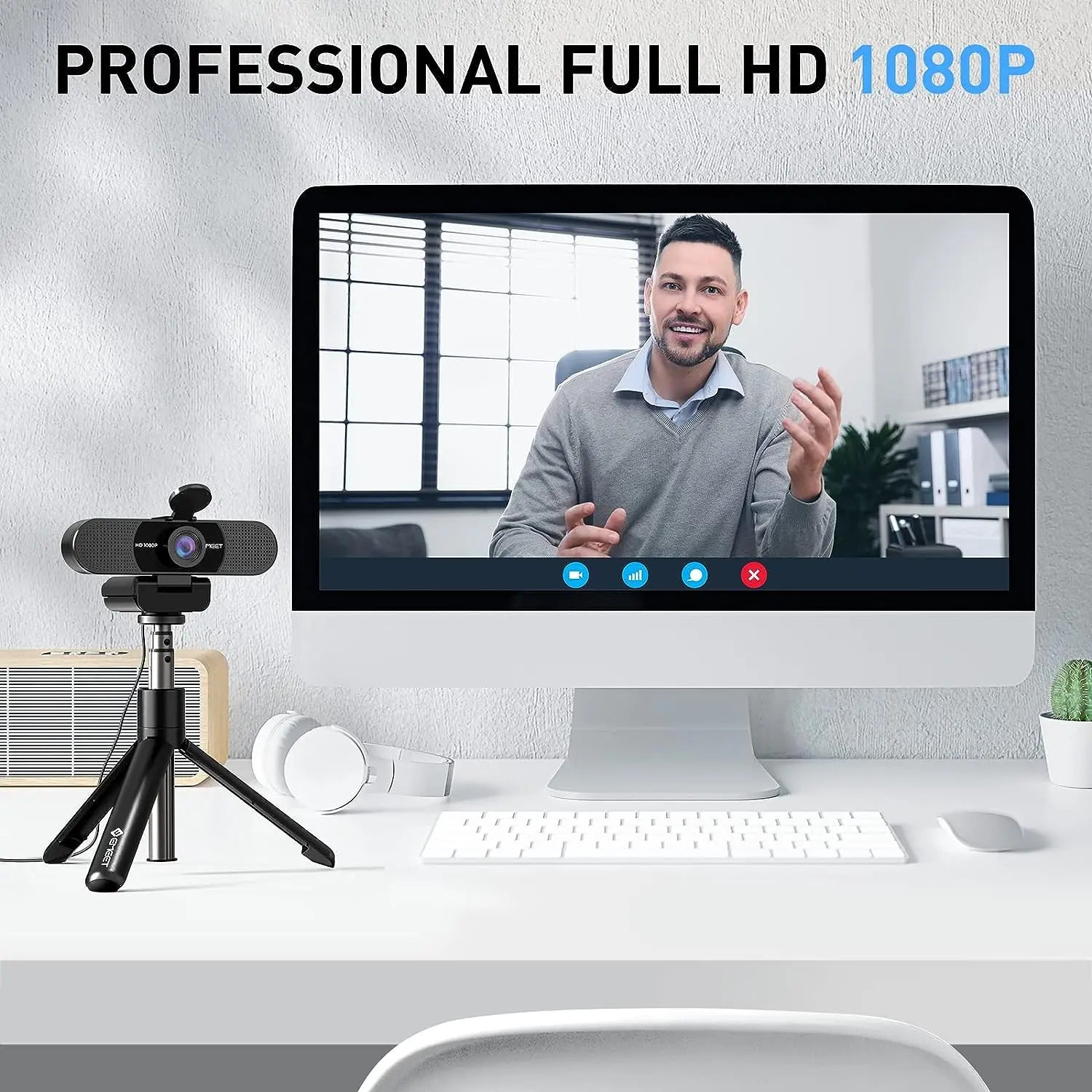 Black 1080P HD USB webcam with dual microphones, privacy cover, and adjustable clip mount — view 2