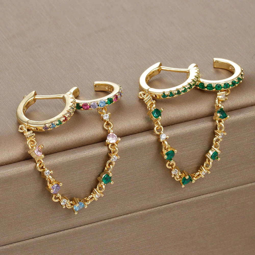 CZ crystal chain drop earrings in stainless steel with a secure hoop ear buckle closure — view 4