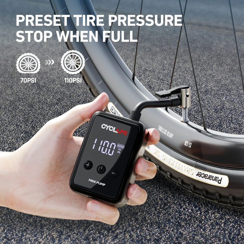 Black mini electric bike air pump portable 150PSI rechargeable tire inflator for cyclists and commuters — view 4