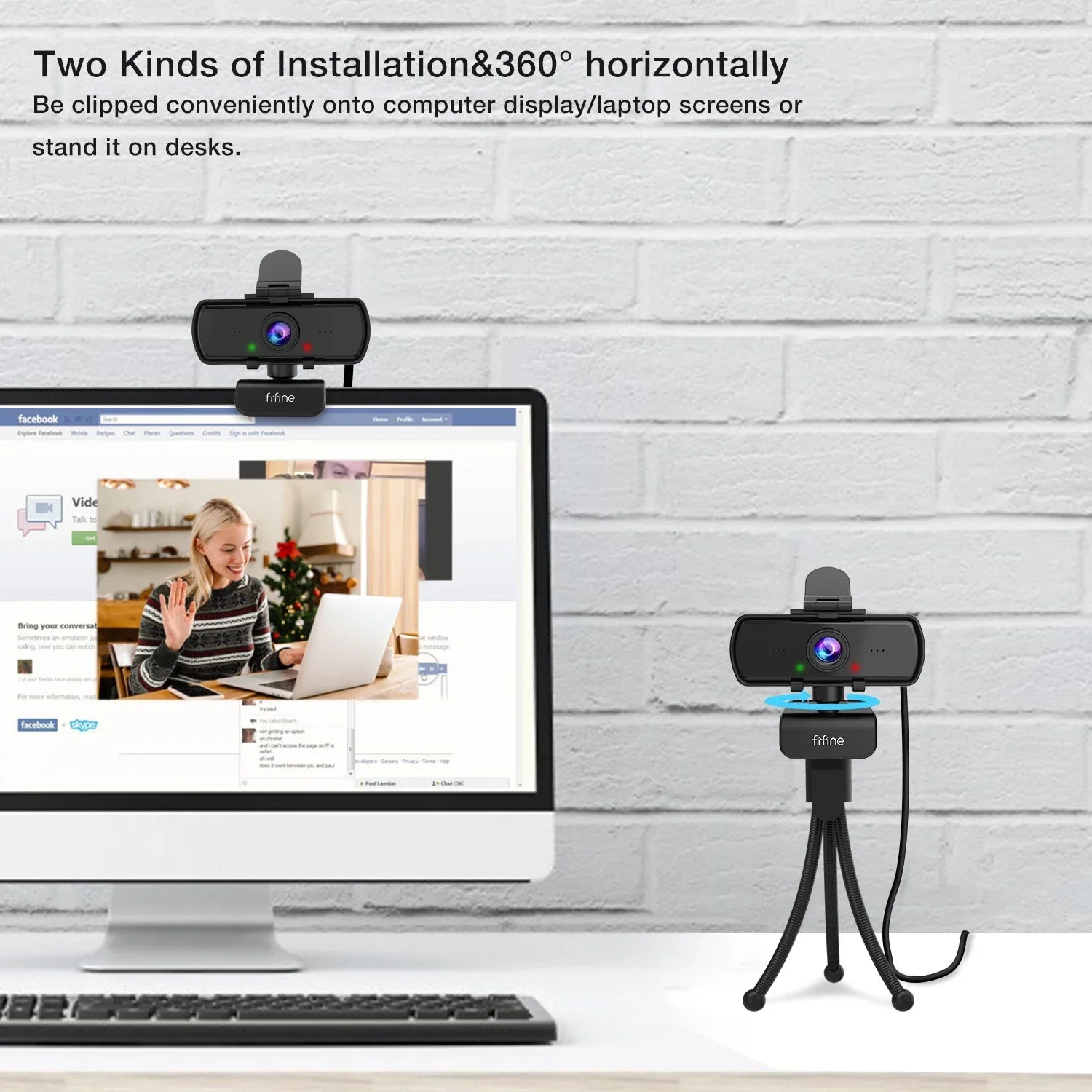 Black 1440p Full HD USB webcam attached to a small adjustable desktop tripod with cable — view 5