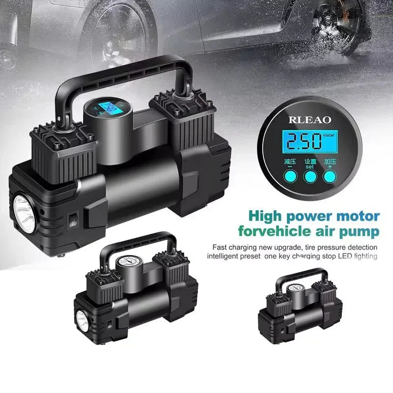 Black 12V heavy duty dual cylinder air compressor tire inflator with digital gauge and hose — view 4