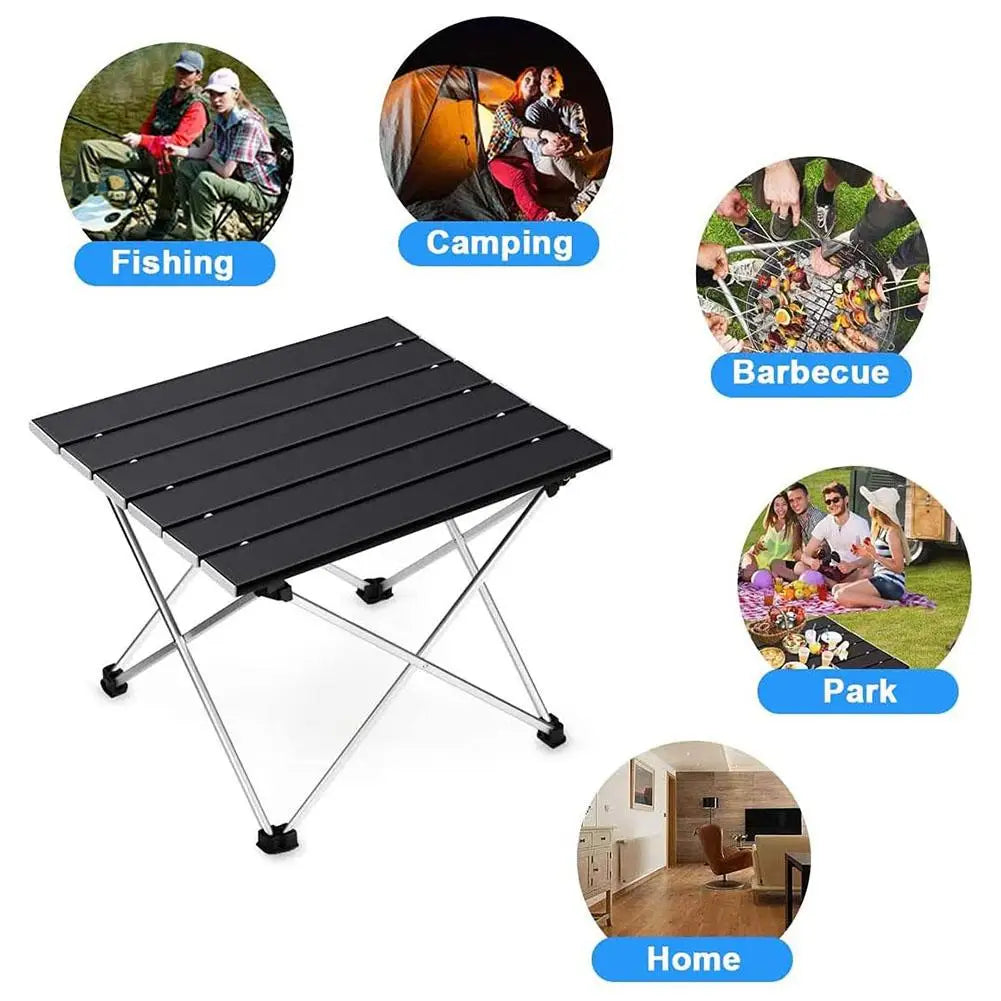 Portable aluminum camping table in silver with black folding bracket and black travel storage bag — view 2
