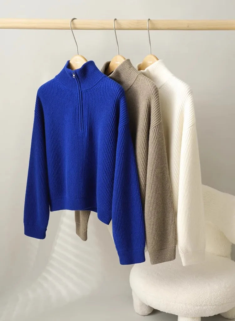 Women's pure cashmere half-zip pullover sweater with a stand collar and loose fit