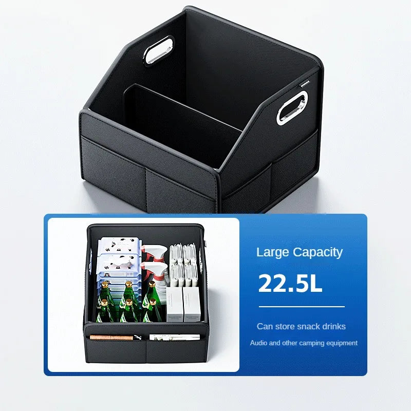 Black PU leather car trunk organizer with aluminum handles and multiple storage compartments — view 5