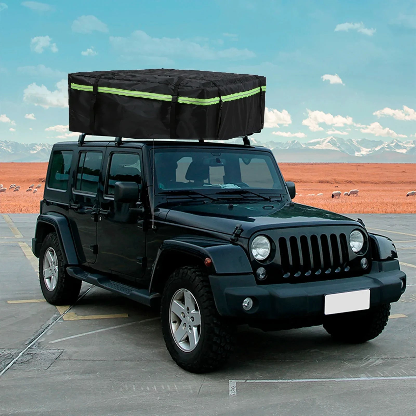 Black waterproof car roof cargo bag strapped to vehicle rooftop with reflective safety strips — view 2