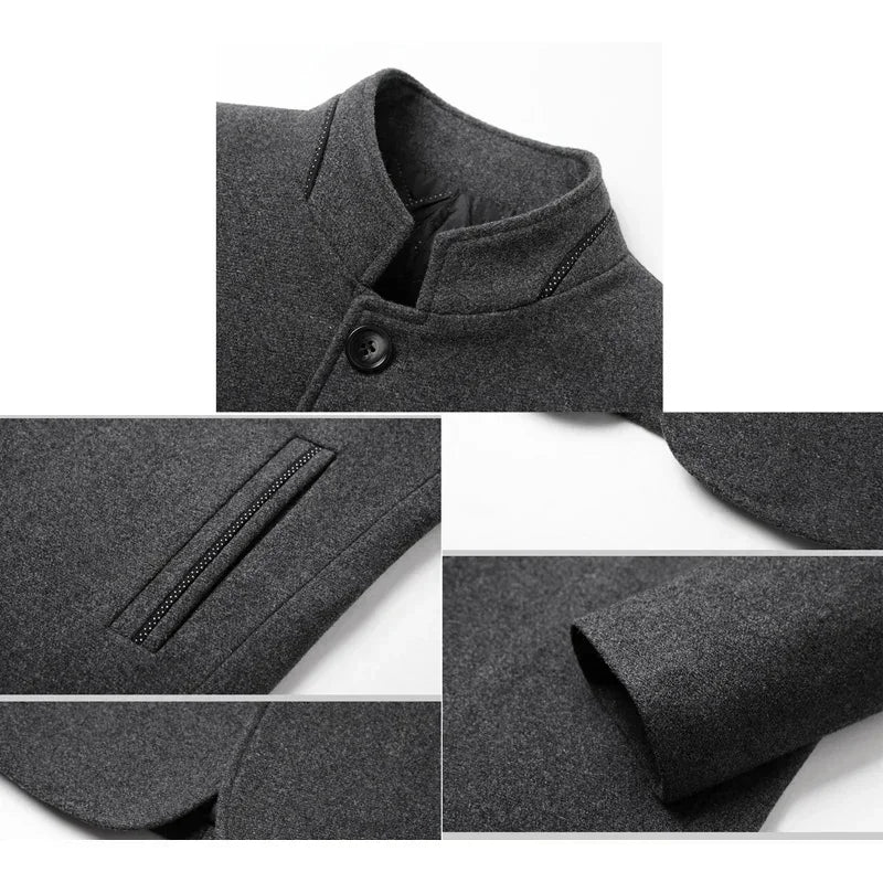 Men's gray winter wool blend business overcoat featuring a sleek single-breasted mandarin collar — view 2