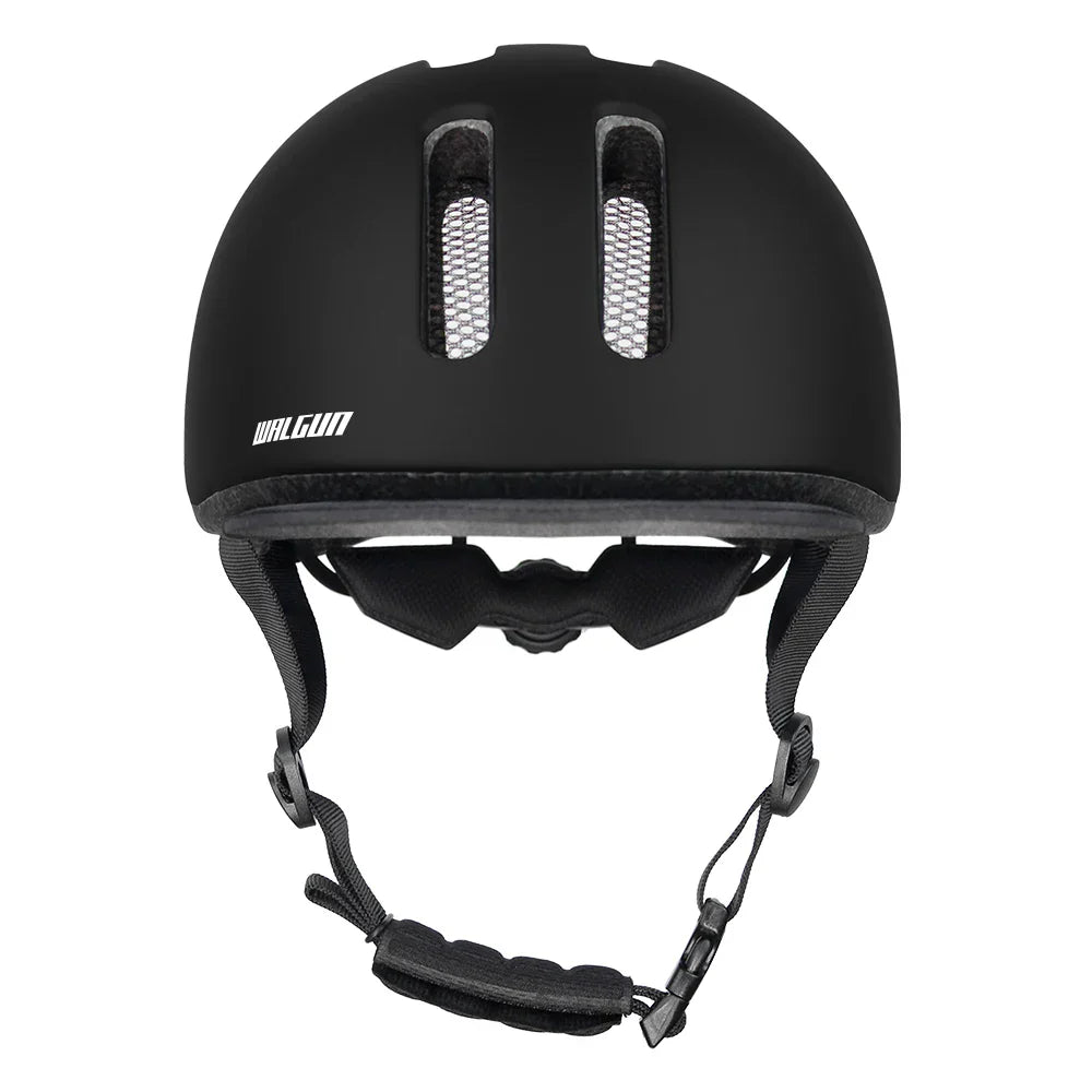 Black vintage-style urban cycling helmet with removable sun brim and adjustable strap — view 4