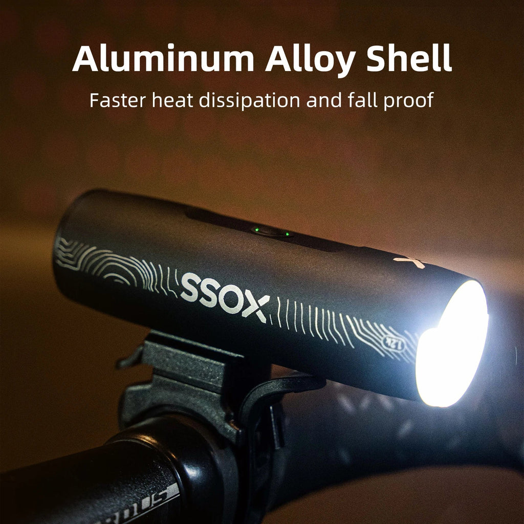 Black XL1200 rechargeable bike headlight with aluminum alloy body and handlebar mounting bracket — view 3