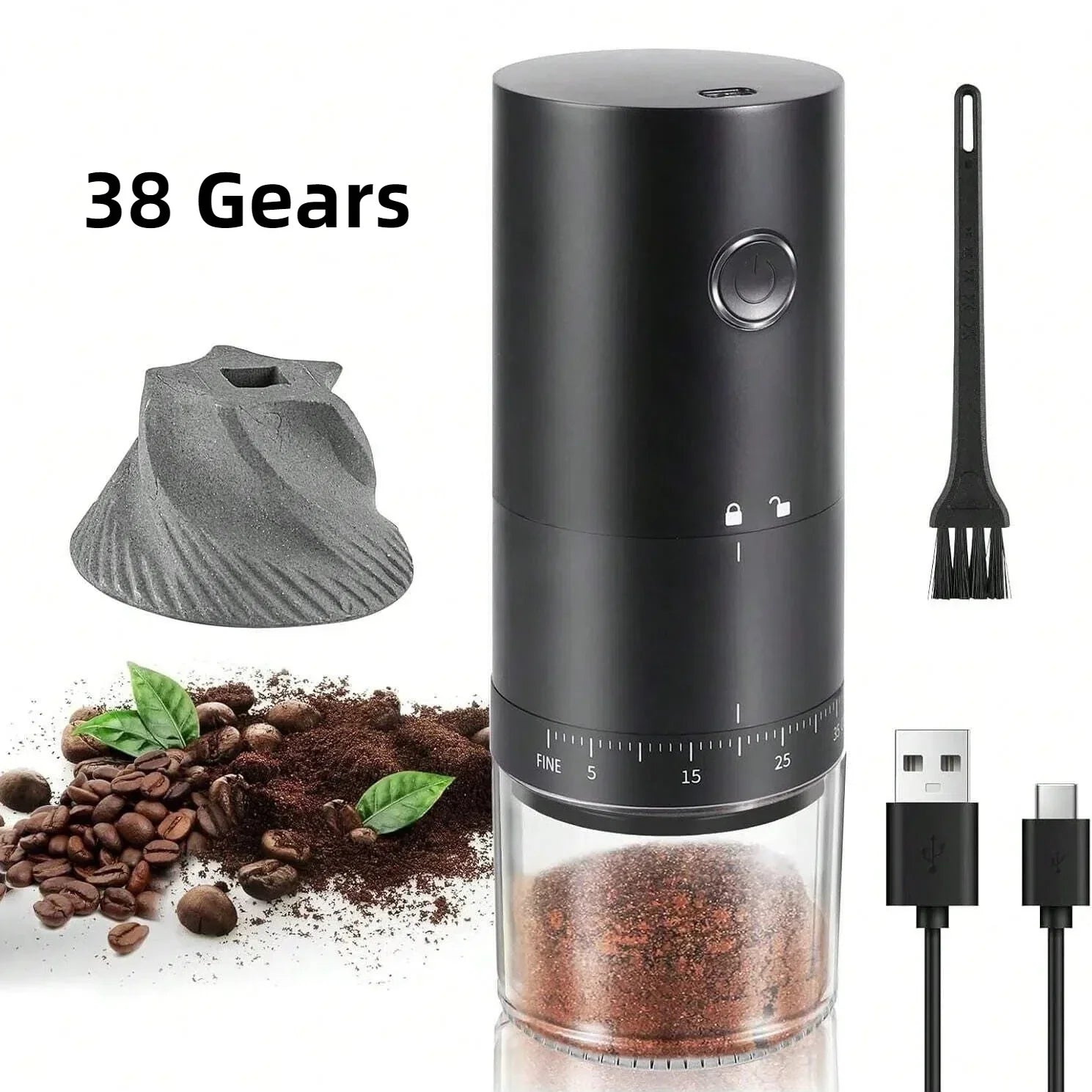 Portable Electric Coffee Grinder 38 Setting Adjustable Ceramic Burr Black — view 2