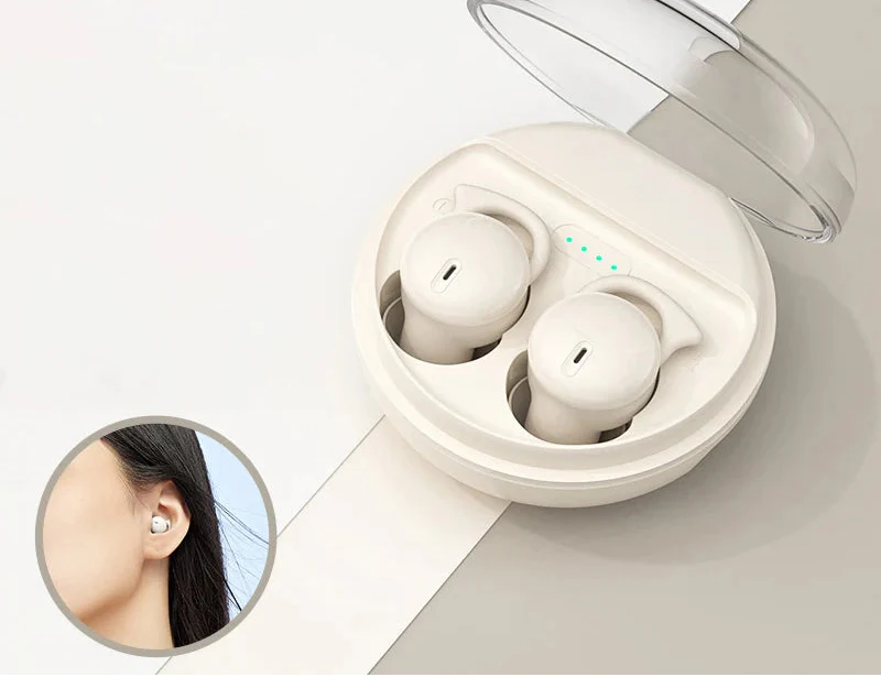 Mini invisible wireless earbuds in charging case with soft silicone ear tips for comfortable sleep — view 5
