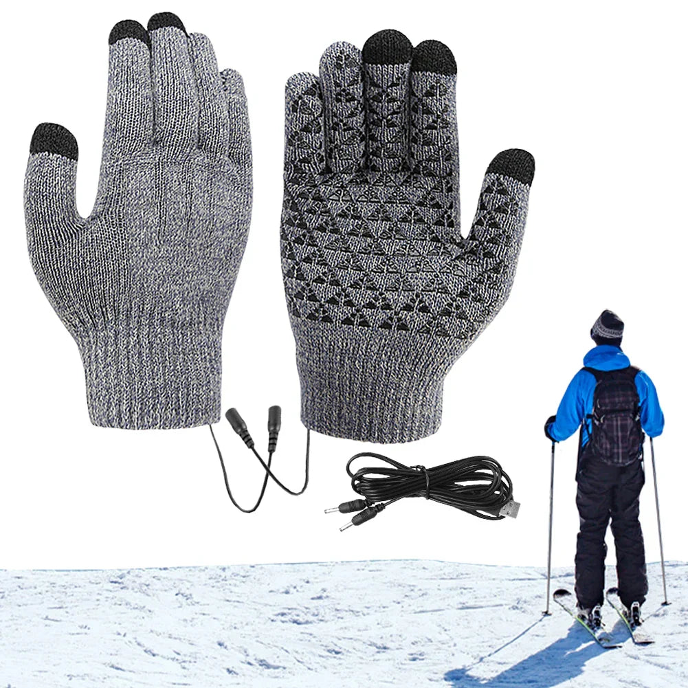 Black USB heated touchscreen winter cycling gloves with anti-slip silicone palm pattern — view 3