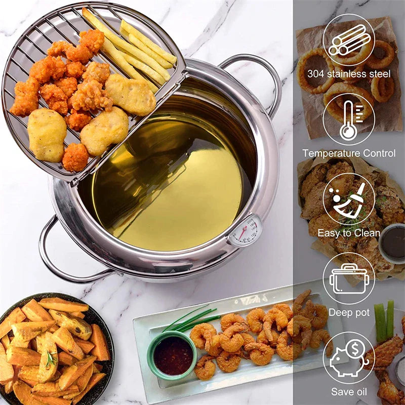 Silver 24cm stainless steel deep frying pot with built in thermometer and secure splash guard lid — view 4