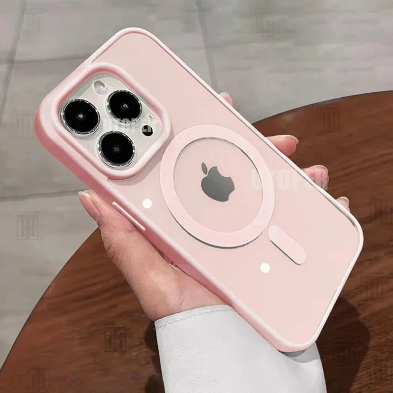 Pink transparent acrylic MagSafe iPhone case with shockproof magnetic ring design — view 2