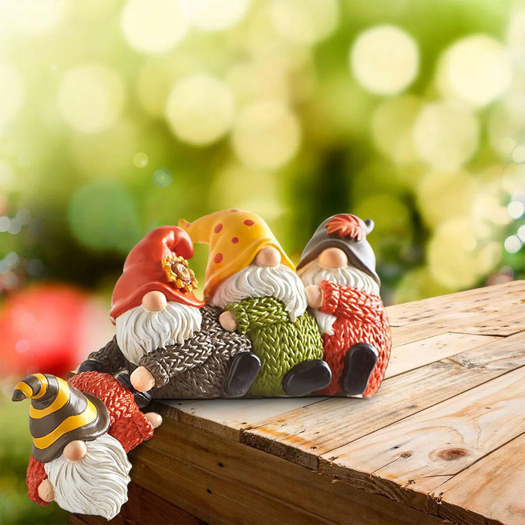 Whimsical cute gnome old man resin shelf sitter ornament rescuing a friend from a ledge — view 3
