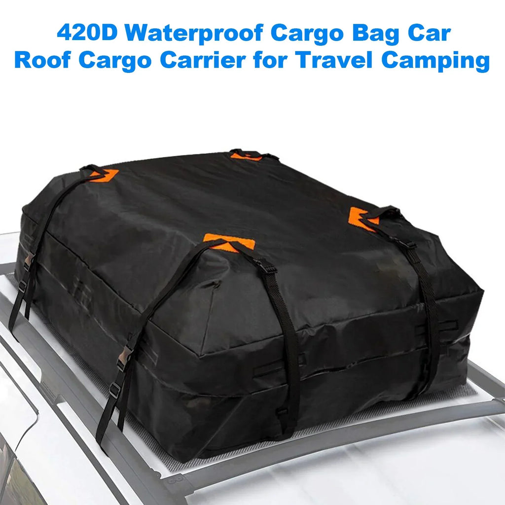 Black waterproof 425L car roof cargo bag strapped to vehicle for travel and outdoor storage — view 4